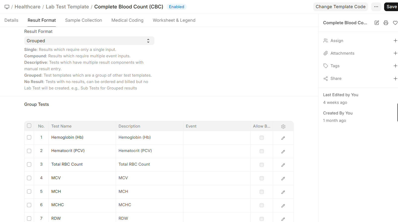 Lab Test Template Result Format