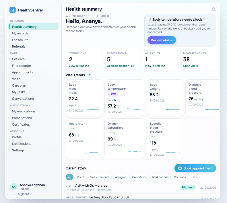 Health Central patient health summary clinical view