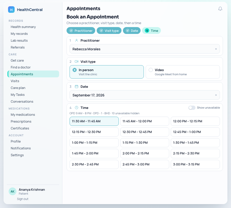 Health Central appointments and scheduling interface
